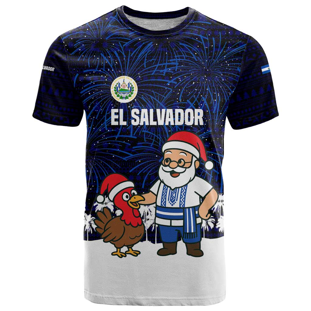 El Salvador Christmas T Shirt with Santa Claus Turkey Fireworks Palm Trees and National Emblem Design - Wonder Print Shop