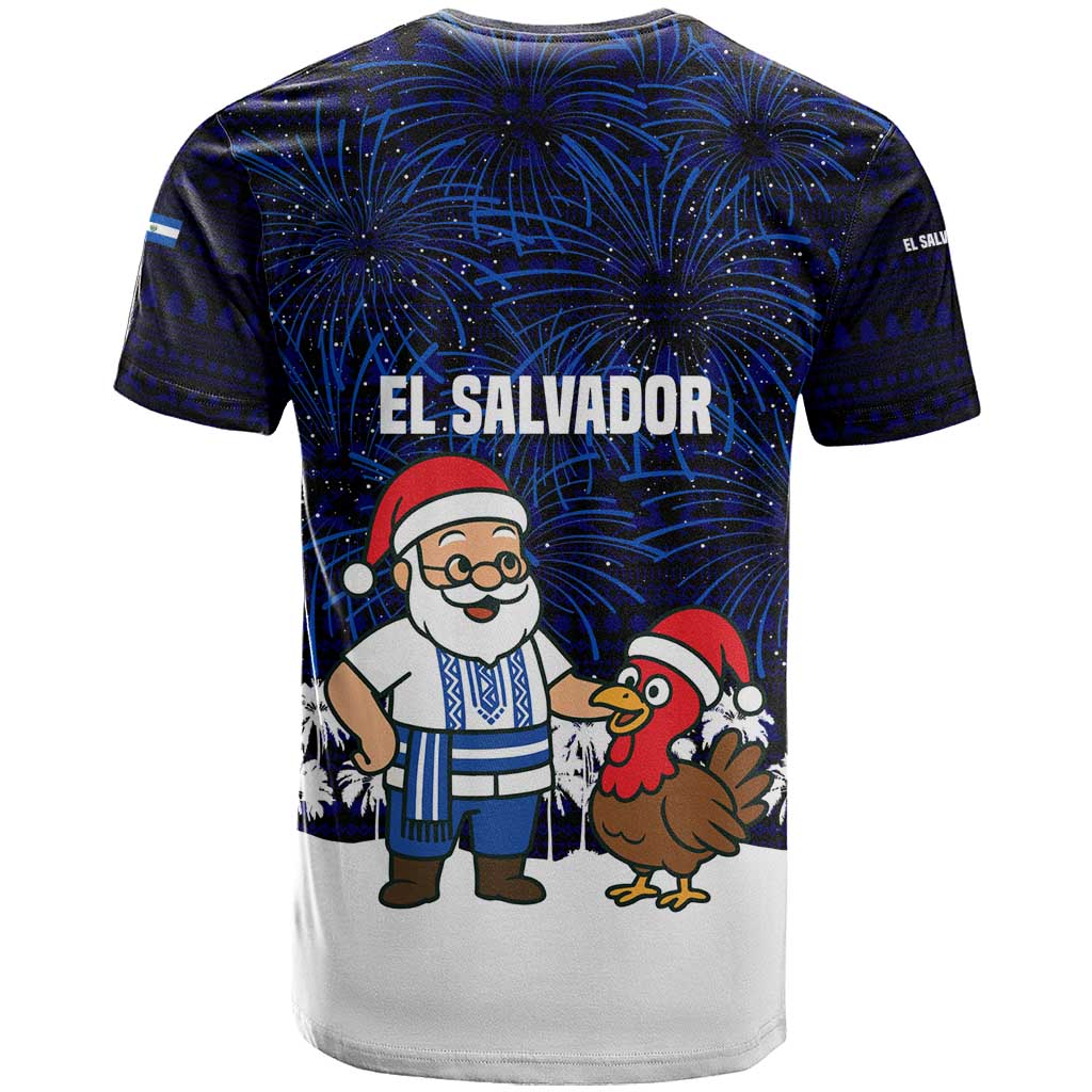 El Salvador Christmas T Shirt with Santa Claus Turkey Fireworks Palm Trees and National Emblem Design - Wonder Print Shop