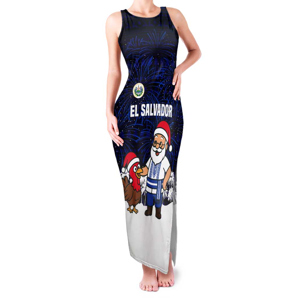 El Salvador Christmas Tank Maxi Dress with Santa Claus Turkey Fireworks Palm Trees and National Emblem Design - Wonder Print Shop