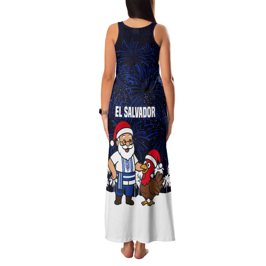 El Salvador Christmas Tank Maxi Dress with Santa Claus Turkey Fireworks Palm Trees and National Emblem Design - Wonder Print Shop