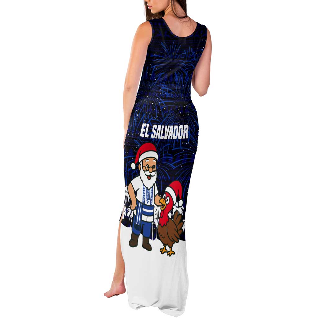 El Salvador Christmas Tank Maxi Dress with Santa Claus Turkey Fireworks Palm Trees and National Emblem Design - Wonder Print Shop