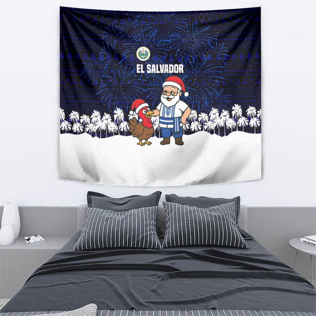 El Salvador Christmas Tapestry with Santa Claus Turkey Fireworks Palm Trees and National Emblem Design - Wonder Print Shop