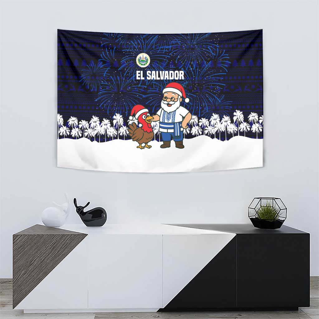 El Salvador Christmas Tapestry with Santa Claus Turkey Fireworks Palm Trees and National Emblem Design - Wonder Print Shop