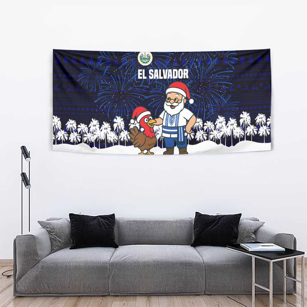El Salvador Christmas Tapestry with Santa Claus Turkey Fireworks Palm Trees and National Emblem Design - Wonder Print Shop