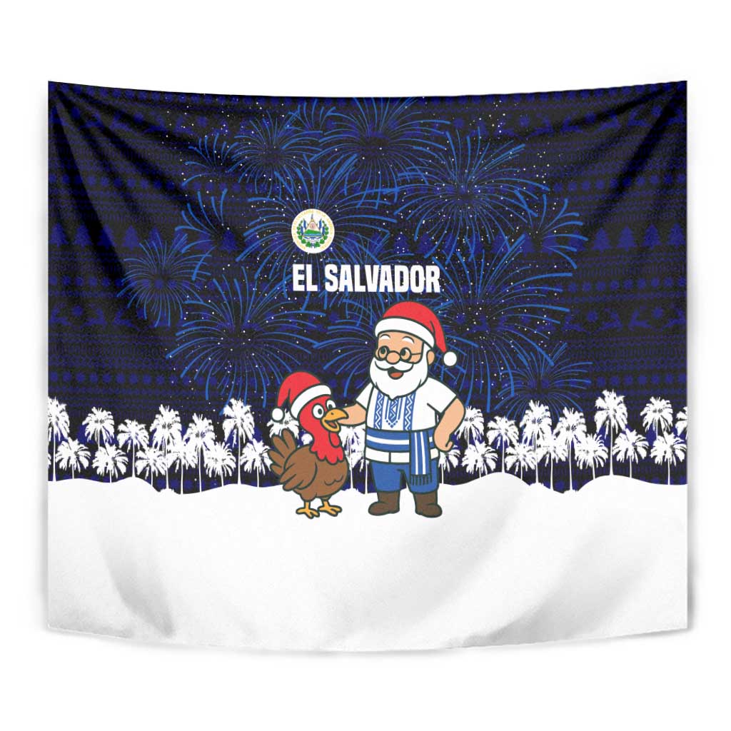 El Salvador Christmas Tapestry with Santa Claus Turkey Fireworks Palm Trees and National Emblem Design - Wonder Print Shop