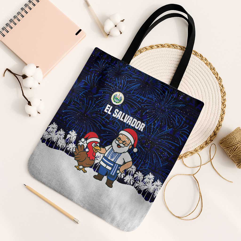 El Salvador Christmas Tote Bag with Santa Claus Turkey Fireworks Palm Trees and National Emblem Design - Wonder Print Shop