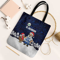 El Salvador Christmas Tote Bag with Santa Claus Turkey Fireworks Palm Trees and National Emblem Design - Wonder Print Shop