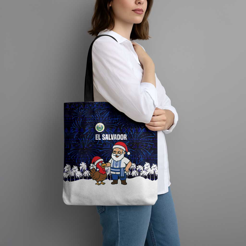 El Salvador Christmas Tote Bag with Santa Claus Turkey Fireworks Palm Trees and National Emblem Design - Wonder Print Shop