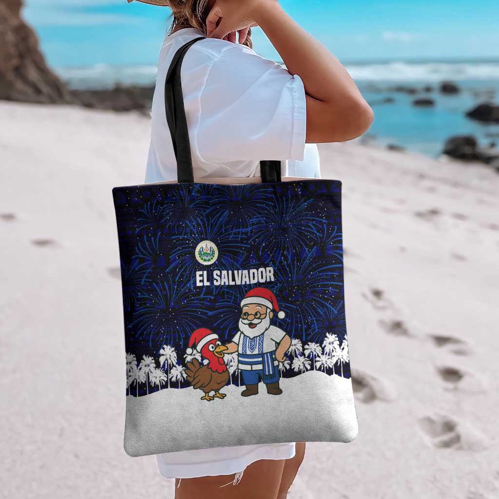 El Salvador Christmas Tote Bag with Santa Claus Turkey Fireworks Palm Trees and National Emblem Design - Wonder Print Shop