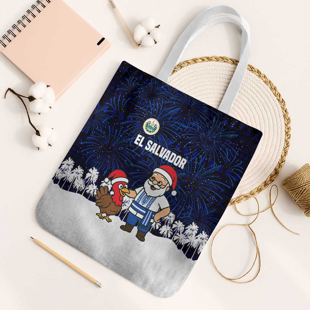 El Salvador Christmas Tote Bag with Santa Claus Turkey Fireworks Palm Trees and National Emblem Design - Wonder Print Shop
