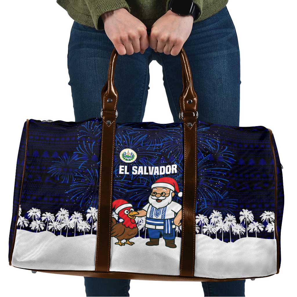 El Salvador Christmas Travel Bag with Santa Claus Turkey Fireworks Palm Trees and National Emblem Design - Wonder Print Shop