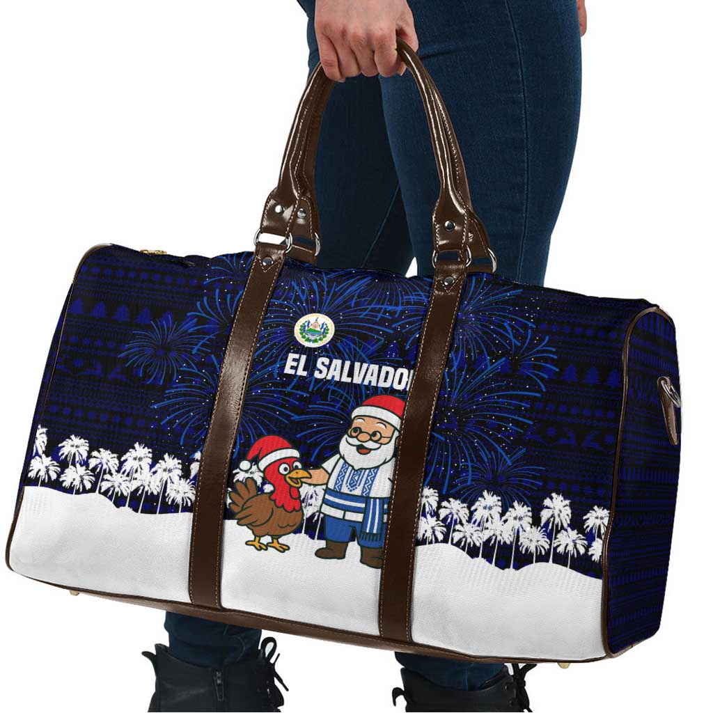 El Salvador Christmas Travel Bag with Santa Claus Turkey Fireworks Palm Trees and National Emblem Design - Wonder Print Shop