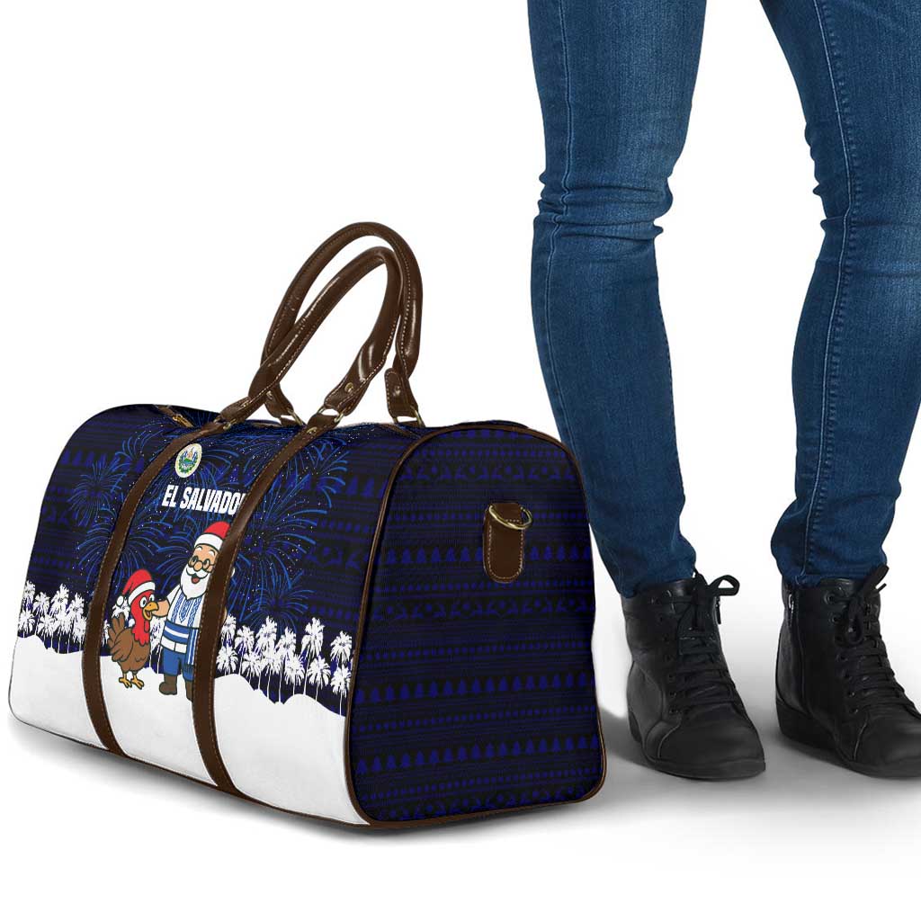 El Salvador Christmas Travel Bag with Santa Claus Turkey Fireworks Palm Trees and National Emblem Design - Wonder Print Shop