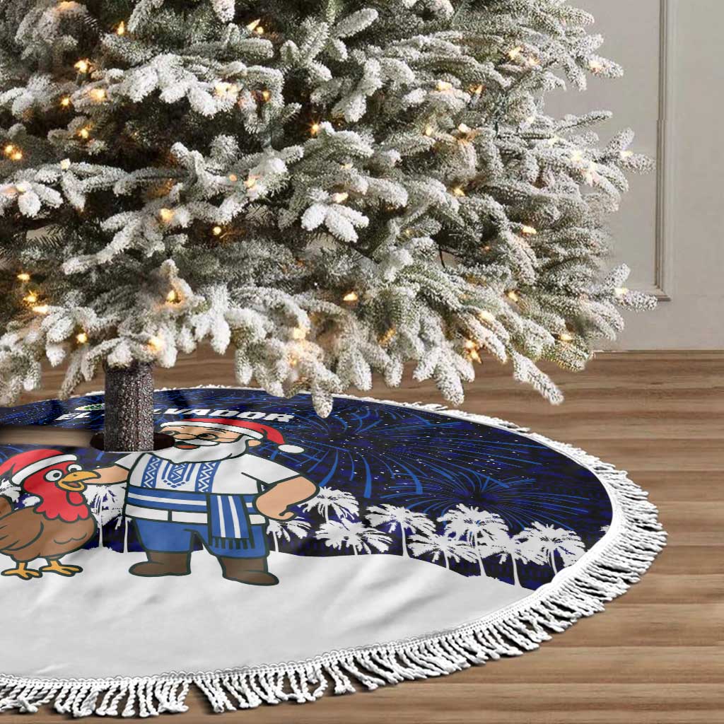 El Salvador Christmas Tree Skirt with Santa Claus Turkey Fireworks Palm Trees and National Emblem Design - Wonder Print Shop