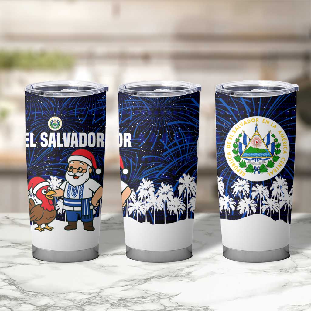 El Salvador Christmas Tumbler Cup with Santa Claus Turkey Fireworks Palm Trees and National Emblem Design - Wonder Print Shop
