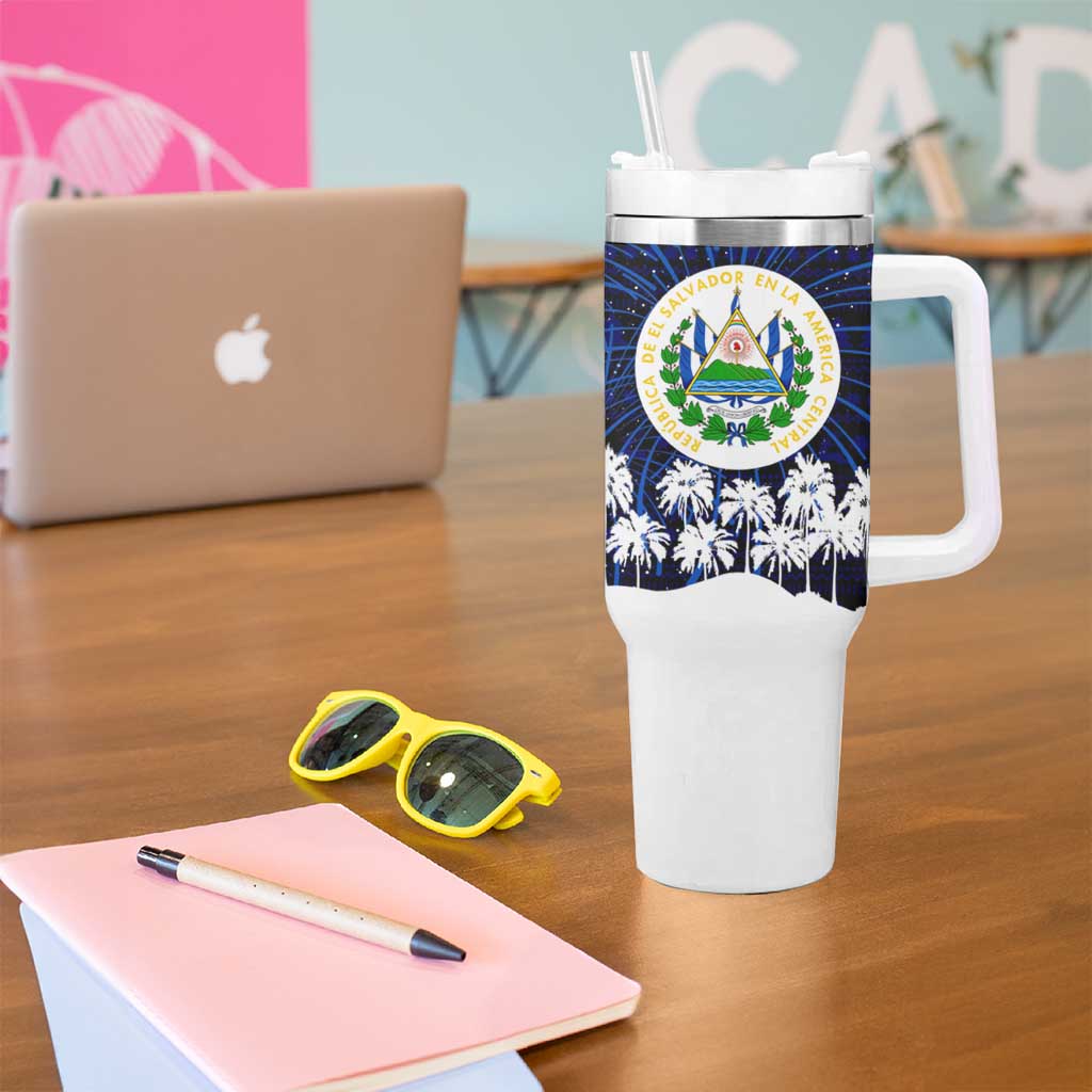 El Salvador Christmas Tumbler With Handle with Santa Claus Turkey Fireworks Palm Trees and National Emblem Design - Wonder Print Shop