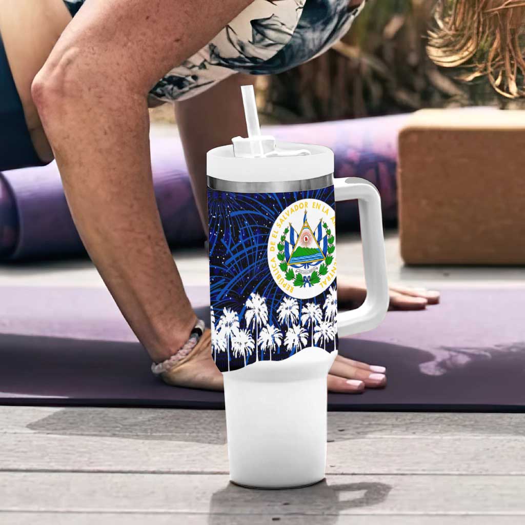 El Salvador Christmas Tumbler With Handle with Santa Claus Turkey Fireworks Palm Trees and National Emblem Design - Wonder Print Shop