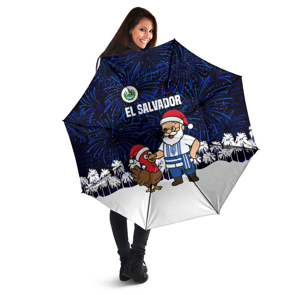 El Salvador Christmas Umbrella with Santa Claus Turkey Fireworks Palm Trees and National Emblem Design - undefined