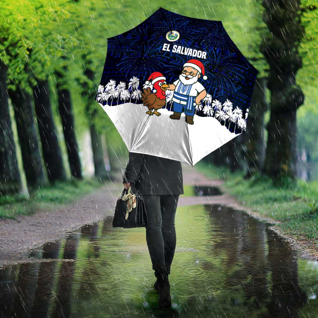 El Salvador Christmas Umbrella with Santa Claus Turkey Fireworks Palm Trees and National Emblem Design - undefined