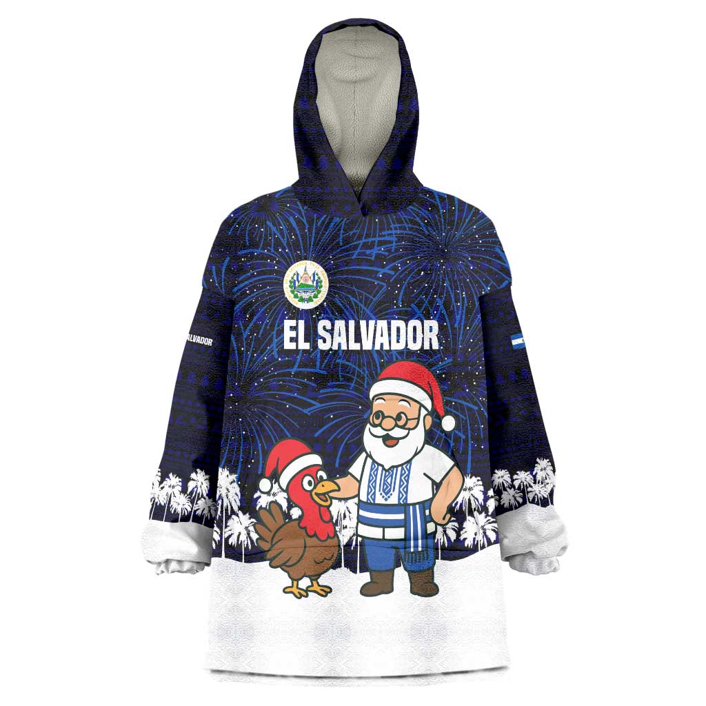El Salvador Christmas Wearable Blanket Hoodie with Santa Claus Turkey Fireworks Palm Trees and National Emblem Design - Wonder Print Shop