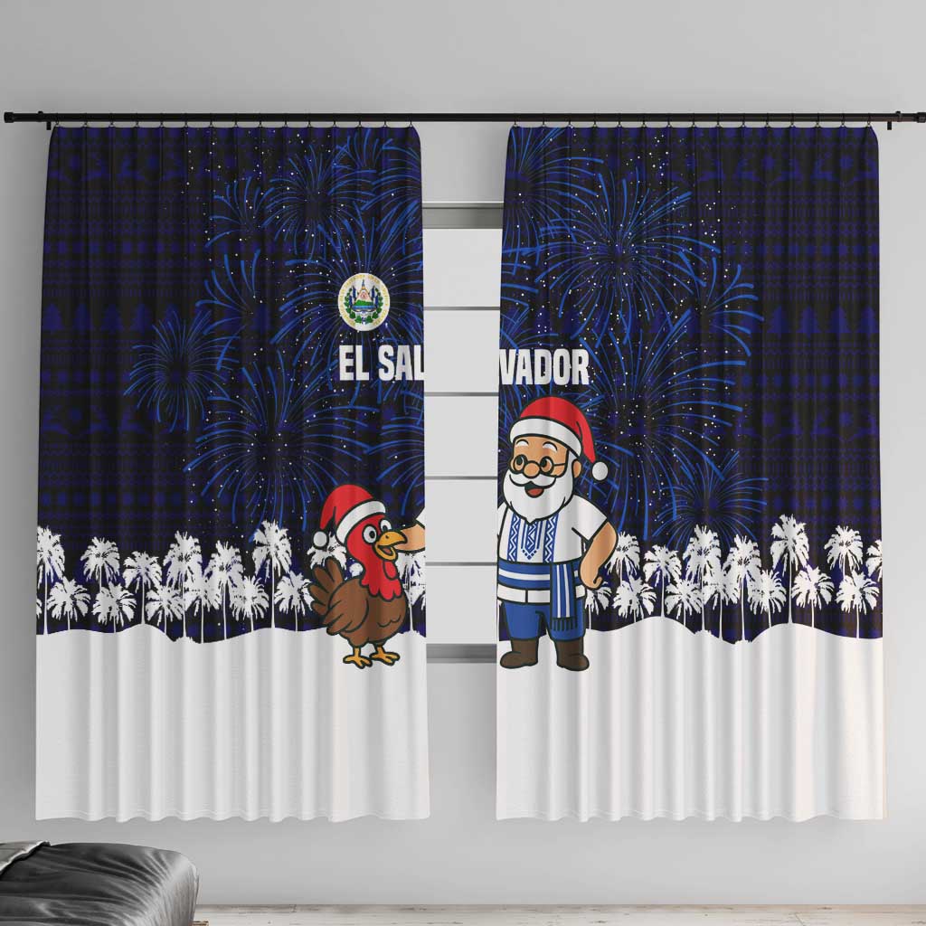 El Salvador Christmas Window Curtain with Santa Claus Turkey Fireworks Palm Trees and National Emblem Design - Wonder Print Shop