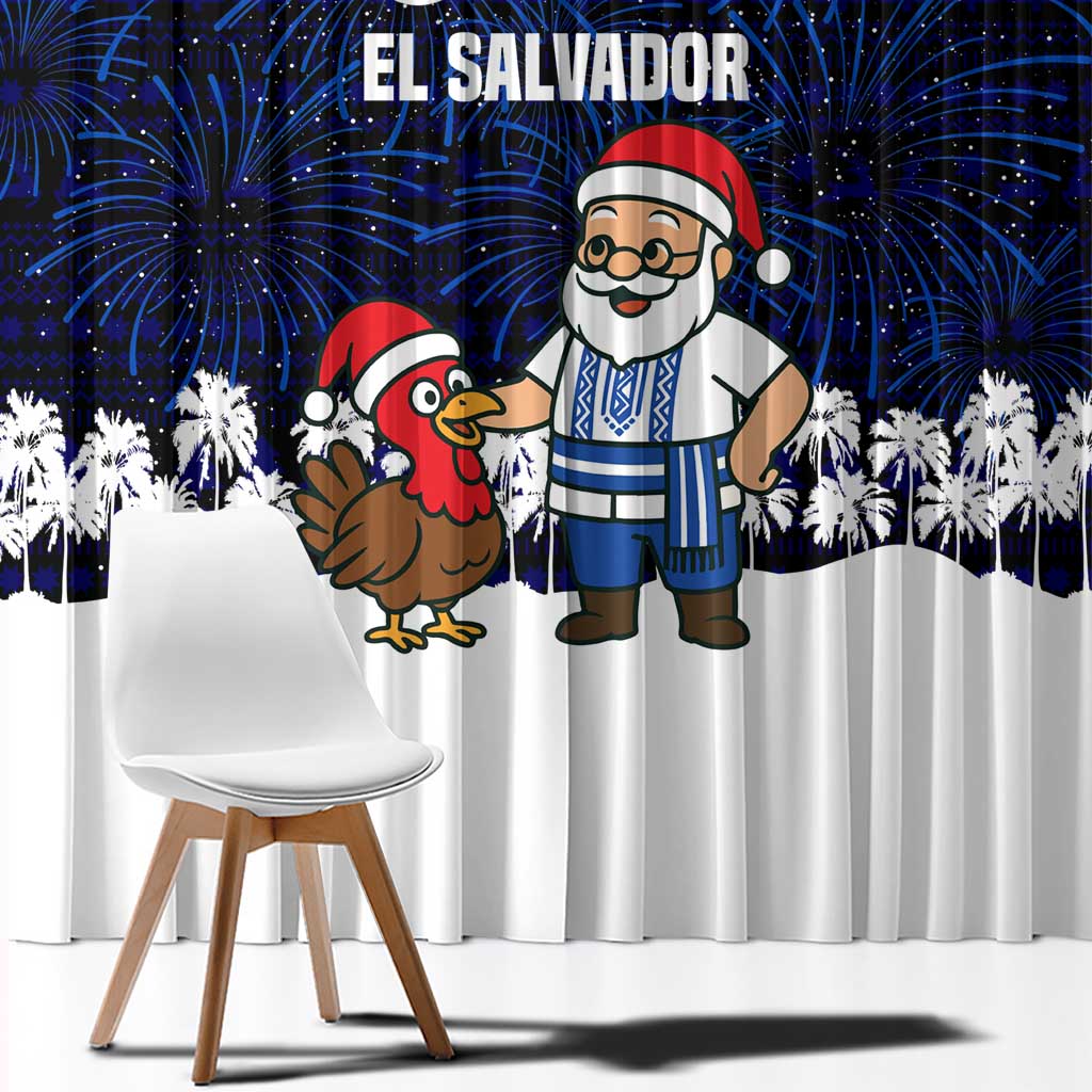 El Salvador Christmas Window Curtain with Santa Claus Turkey Fireworks Palm Trees and National Emblem Design - Wonder Print Shop