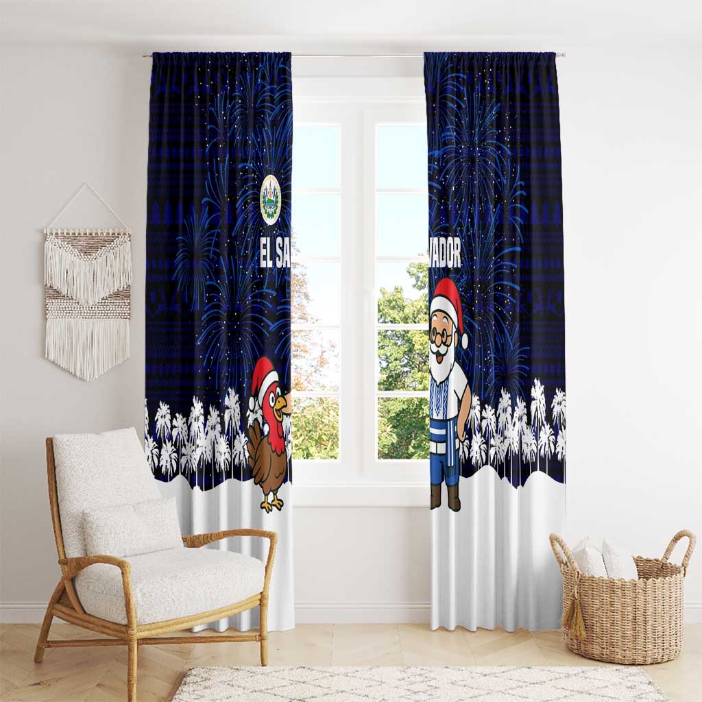 El Salvador Christmas Window Curtain with Santa Claus Turkey Fireworks Palm Trees and National Emblem Design - Wonder Print Shop