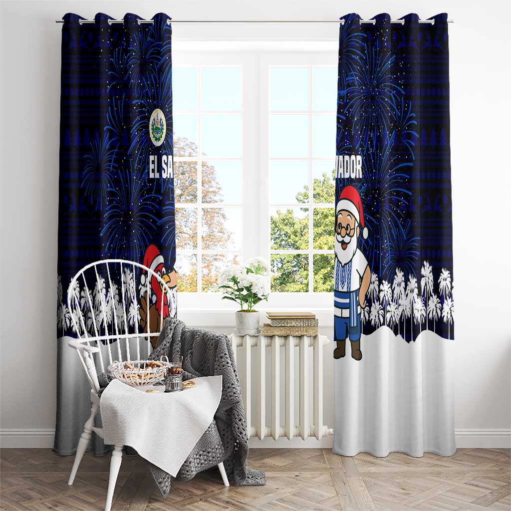 El Salvador Christmas Window Curtain with Santa Claus Turkey Fireworks Palm Trees and National Emblem Design - Wonder Print Shop