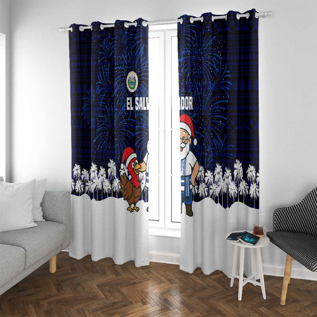 El Salvador Christmas Window Curtain with Santa Claus Turkey Fireworks Palm Trees and National Emblem Design - Wonder Print Shop