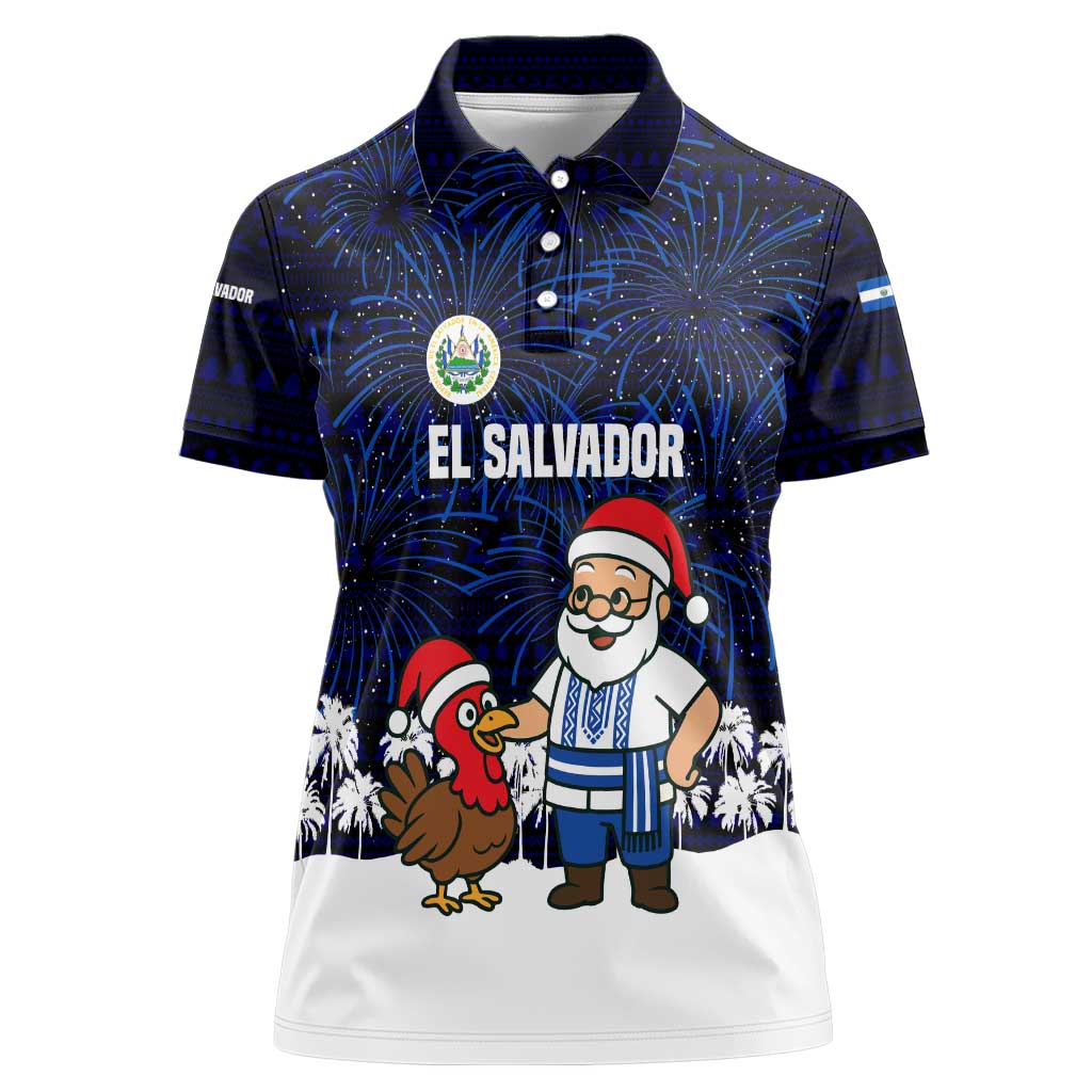 El Salvador Christmas Women Polo Shirt with Santa Claus Turkey Fireworks Palm Trees and National Emblem Design - Wonder Print Shop