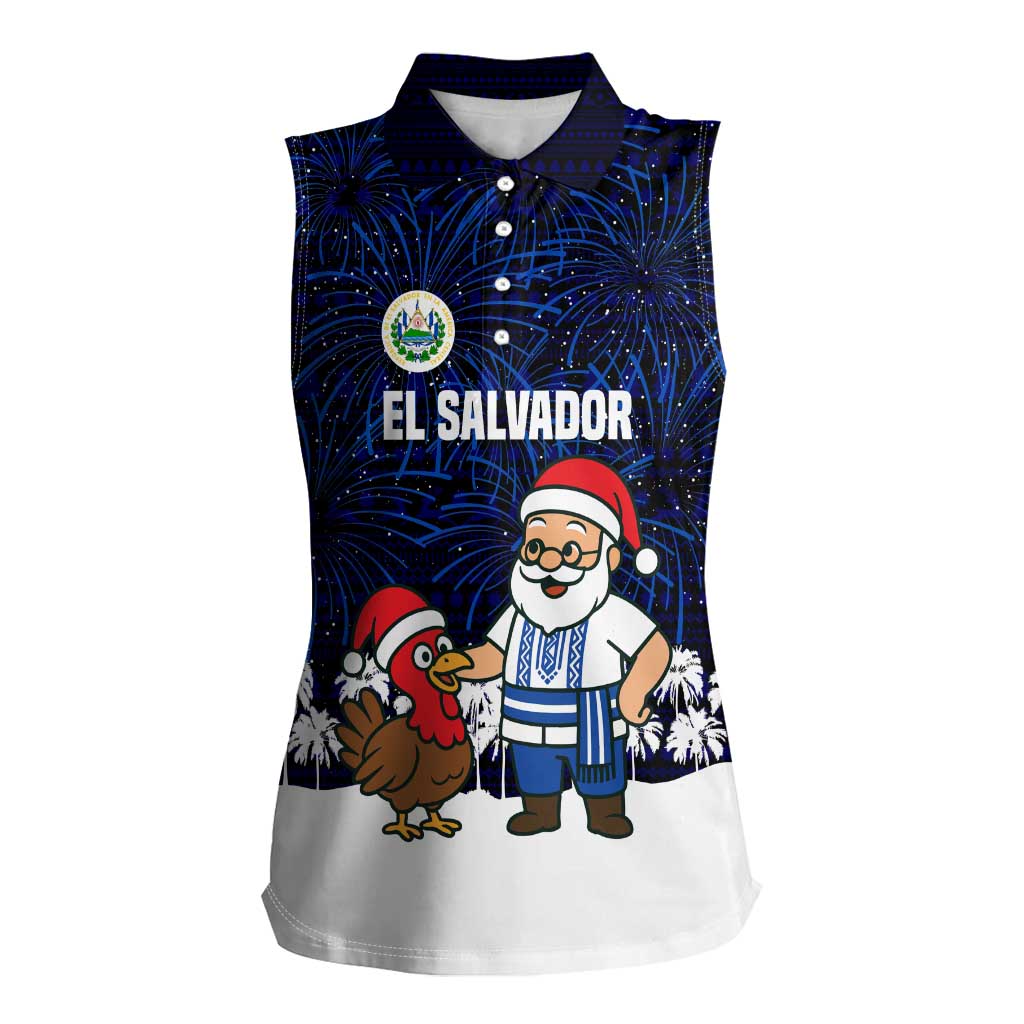 El Salvador Christmas Women Sleeveless Polo Shirt with Santa Claus Turkey Fireworks Palm Trees and National Emblem Design - Wonder Print Shop