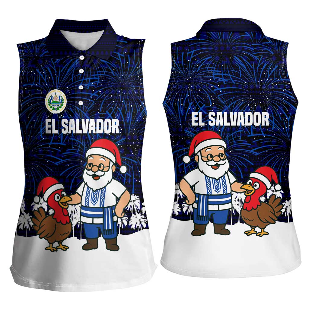 El Salvador Christmas Women Sleeveless Polo Shirt with Santa Claus Turkey Fireworks Palm Trees and National Emblem Design - Wonder Print Shop