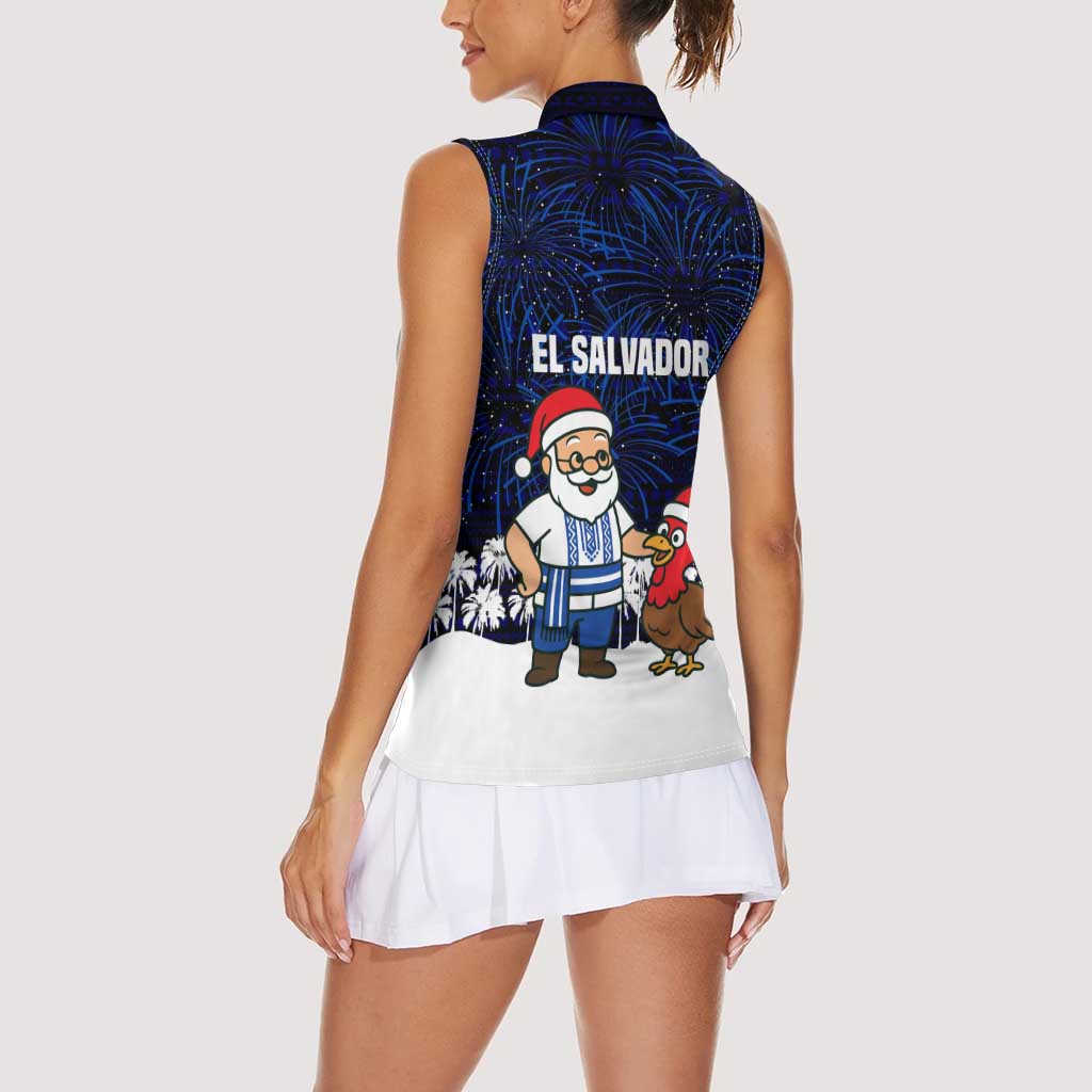 El Salvador Christmas Women Sleeveless Polo Shirt with Santa Claus Turkey Fireworks Palm Trees and National Emblem Design - Wonder Print Shop