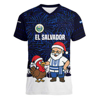 El Salvador Christmas Women V-Neck T-Shirt with Santa Claus Turkey Fireworks Palm Trees and National Emblem Design - Wonder Print Shop