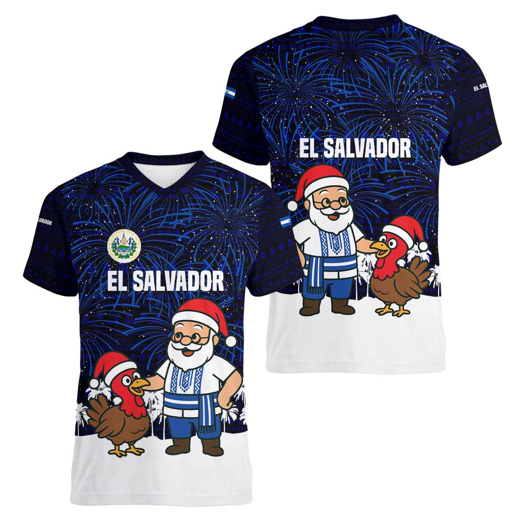 El Salvador Christmas Women V-Neck T-Shirt with Santa Claus Turkey Fireworks Palm Trees and National Emblem Design - Wonder Print Shop