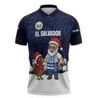 El Salvador Christmas Zipper Polo Shirt with Santa Claus Turkey Fireworks Palm Trees and National Emblem Design - Wonder Print Shop