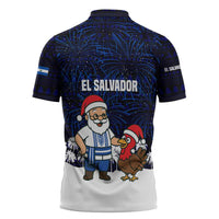 El Salvador Christmas Zipper Polo Shirt with Santa Claus Turkey Fireworks Palm Trees and National Emblem Design - Wonder Print Shop