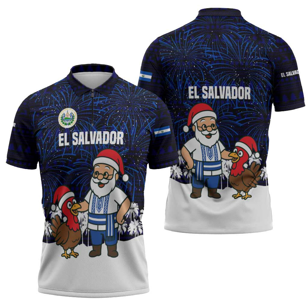El Salvador Christmas Zipper Polo Shirt with Santa Claus Turkey Fireworks Palm Trees and National Emblem Design - Wonder Print Shop