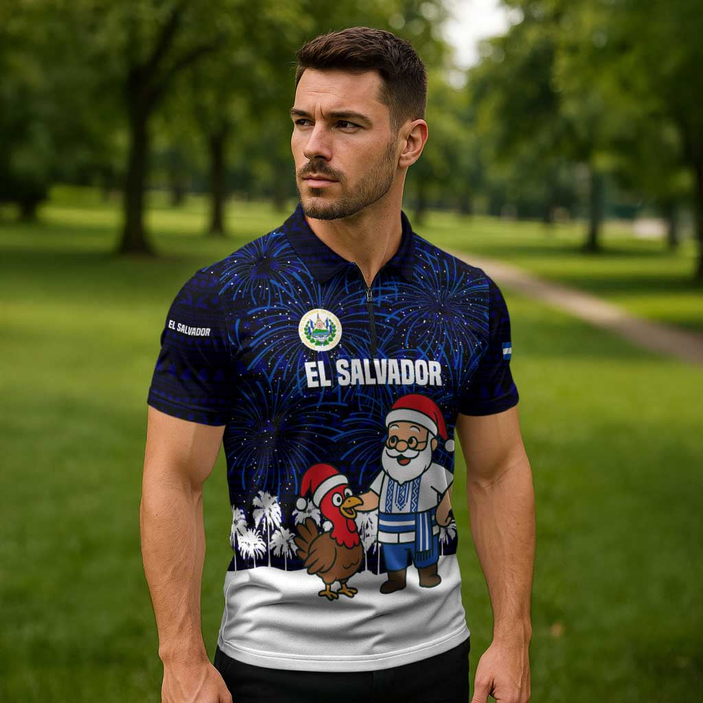El Salvador Christmas Zipper Polo Shirt with Santa Claus Turkey Fireworks Palm Trees and National Emblem Design - Wonder Print Shop