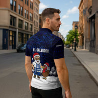 El Salvador Christmas Zipper Polo Shirt with Santa Claus Turkey Fireworks Palm Trees and National Emblem Design - Wonder Print Shop