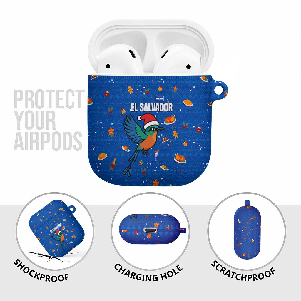 El Salvador Christmas AirPods Case with Santa Hat Motmot Bird Traditional Foods and Blue Festive Pattern Design - Wonder Print Shop