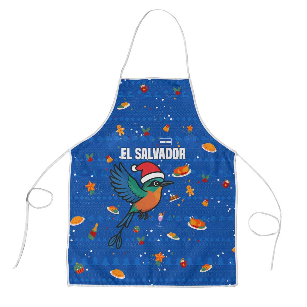 El Salvador Christmas Apron with Santa Hat Motmot Bird Traditional Foods and Blue Festive Pattern Design - Wonder Print Shop