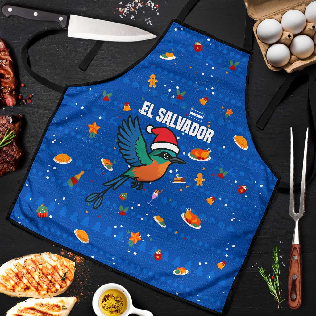 El Salvador Christmas Apron with Santa Hat Motmot Bird Traditional Foods and Blue Festive Pattern Design - Wonder Print Shop