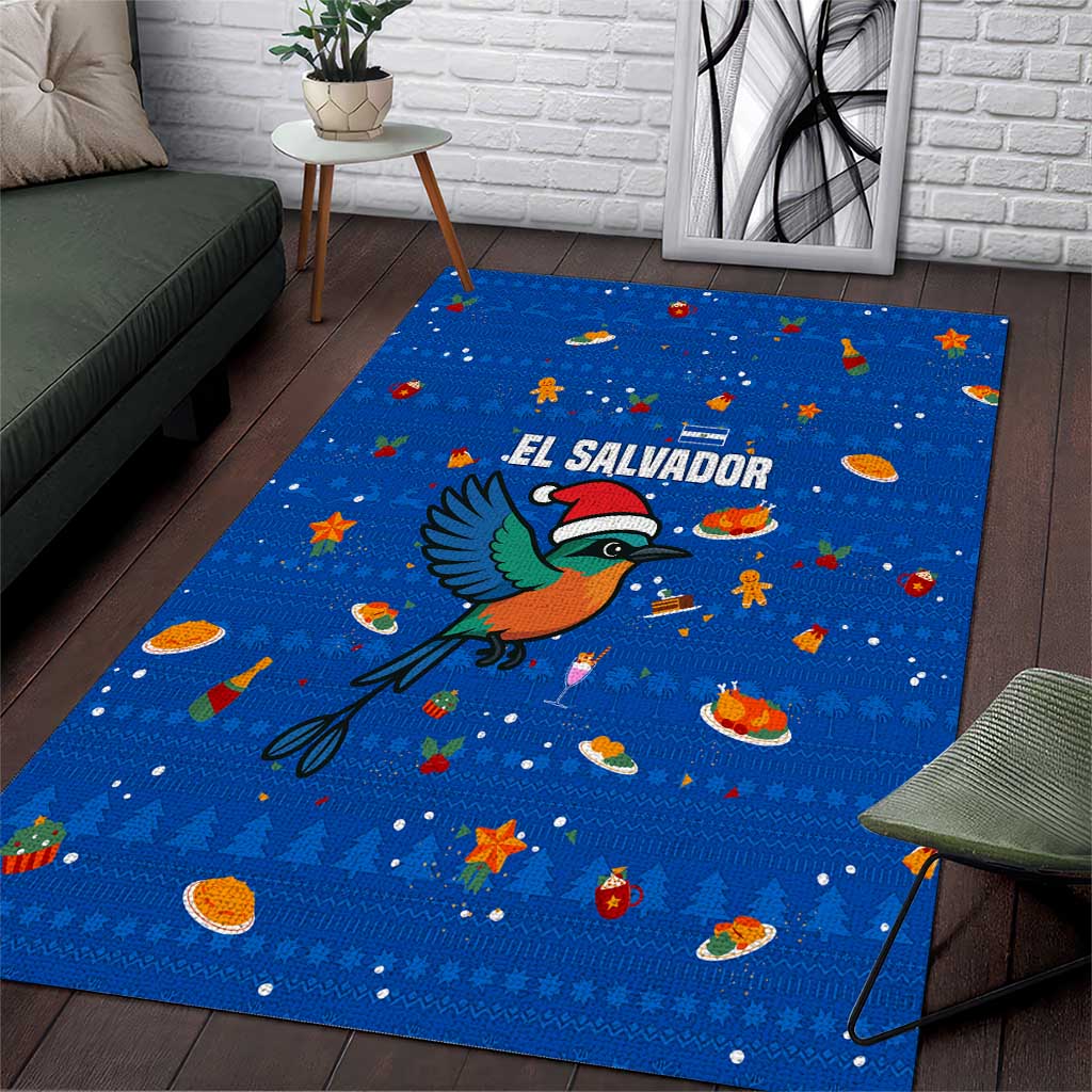 El Salvador Christmas Area Rug with Santa Hat Motmot Bird Traditional Foods and Blue Festive Pattern Design - Wonder Print Shop