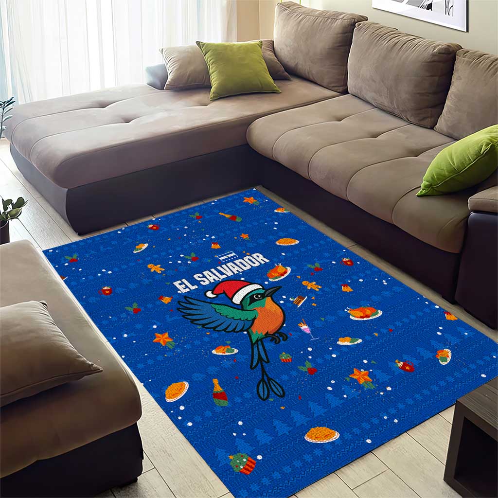 El Salvador Christmas Area Rug with Santa Hat Motmot Bird Traditional Foods and Blue Festive Pattern Design - Wonder Print Shop