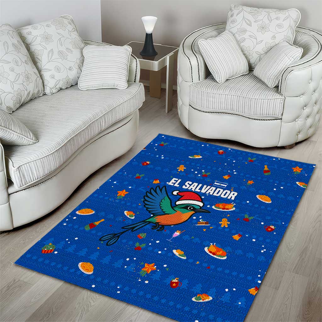 El Salvador Christmas Area Rug with Santa Hat Motmot Bird Traditional Foods and Blue Festive Pattern Design - Wonder Print Shop