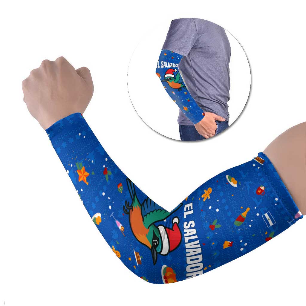 El Salvador Christmas Arm Sleeves with Santa Hat Motmot Bird Traditional Foods and Blue Festive Pattern Design - Wonder Print Shop