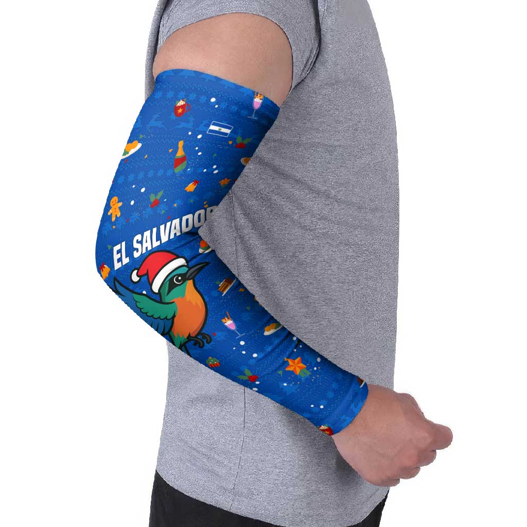 El Salvador Christmas Arm Sleeves with Santa Hat Motmot Bird Traditional Foods and Blue Festive Pattern Design - Wonder Print Shop