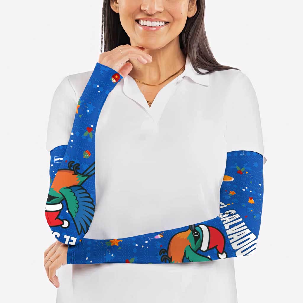 El Salvador Christmas Arm Sleeves with Santa Hat Motmot Bird Traditional Foods and Blue Festive Pattern Design - Wonder Print Shop