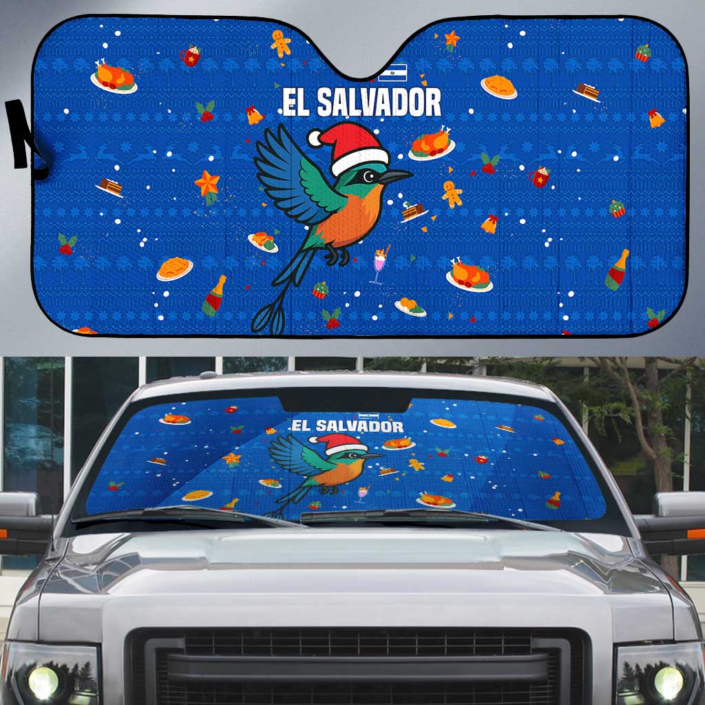 El Salvador Christmas Auto Sun Shade with Santa Hat Motmot Bird Traditional Foods and Blue Festive Pattern Design - Wonder Print Shop